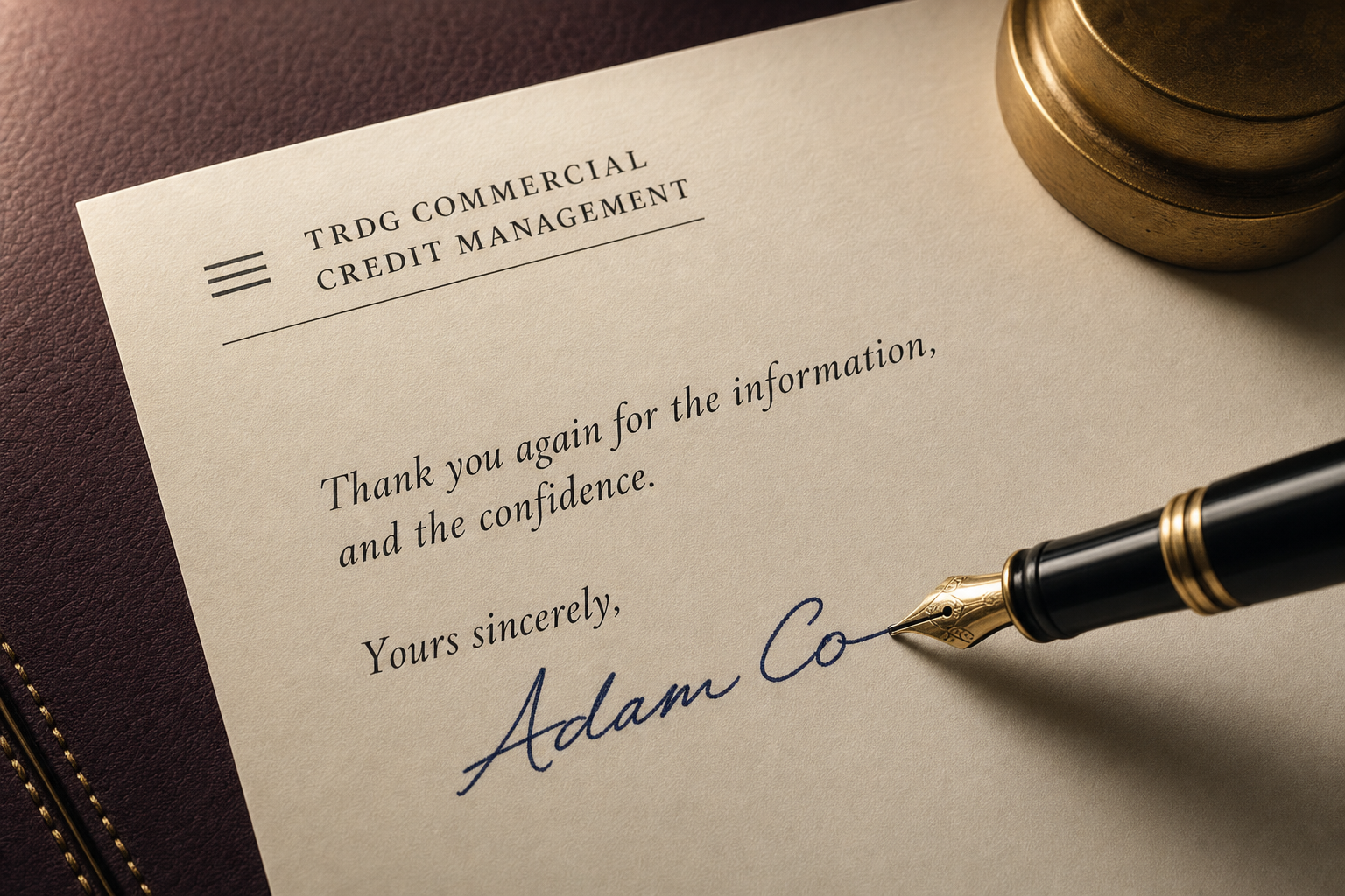 Close crop of a fountain pen mid-signature on a formal TRDG Commercial Credit Management letter, brass paperweight to the top