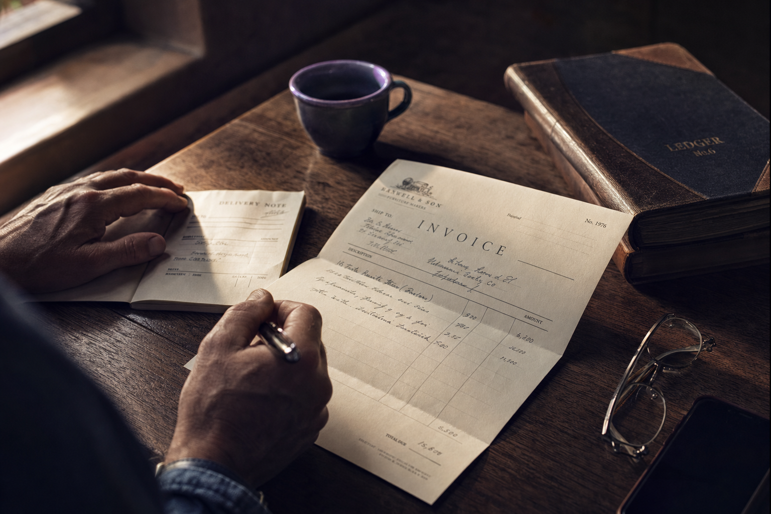 An owner-operator at a wooden workbench pausing over a handwritten invoice at dusk, ledger and reading glasses close at hand