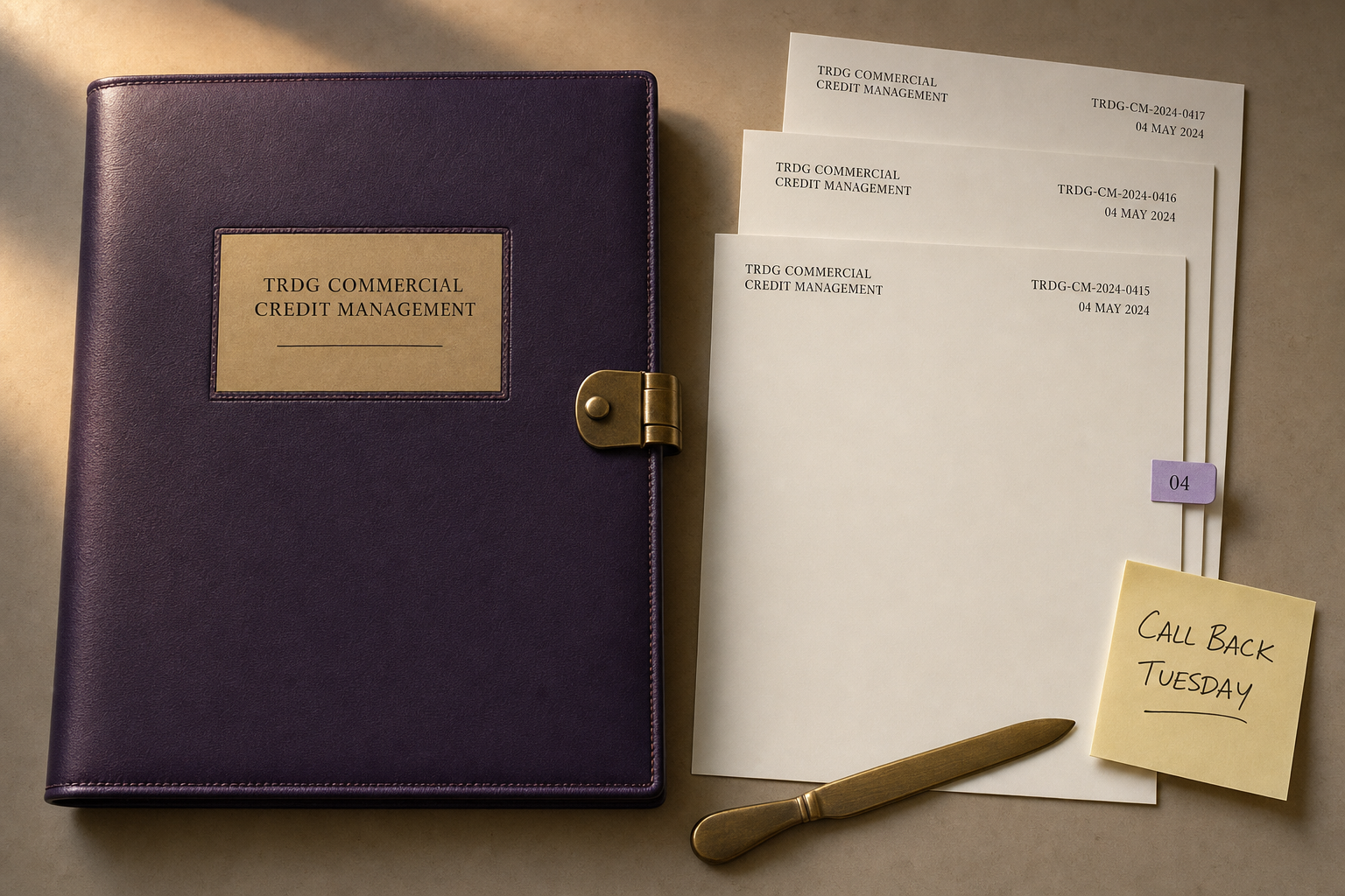 Overhead view of an active TRDG Commercial Credit Management case file: dusk violet folder, three letters, orchid index tab, brass paper knife, and a handwritten Call Back Tuesday note